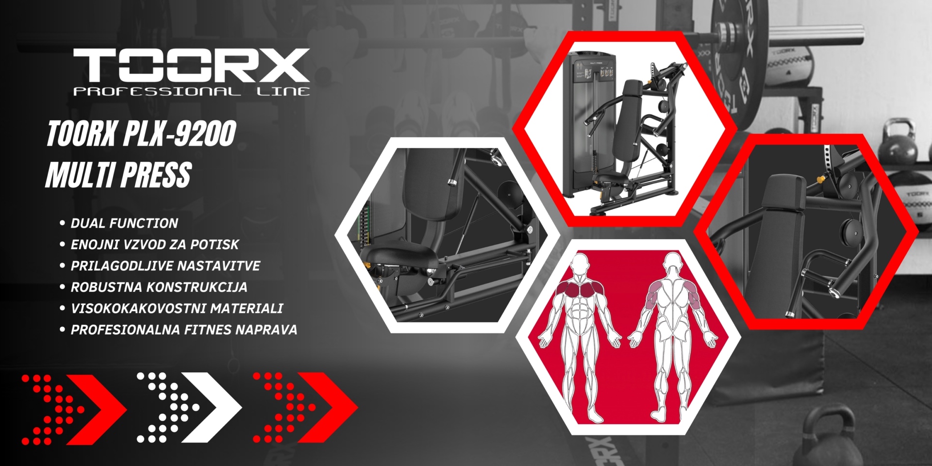 PLX-9200 Multi Press - dual function - profesionalna fitnes naprava za trening prsi, ramen in tricepsov - pin loaded