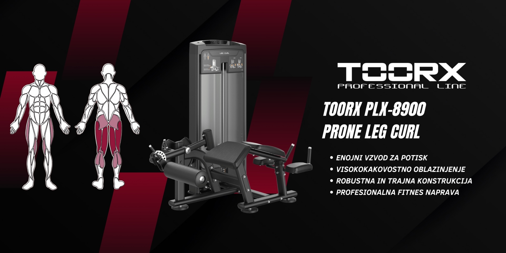 Toorx PLX-8900 Prone Leg Curl - profesionalna fitnes naprava za trening zadnjega dela nog - pin loaded