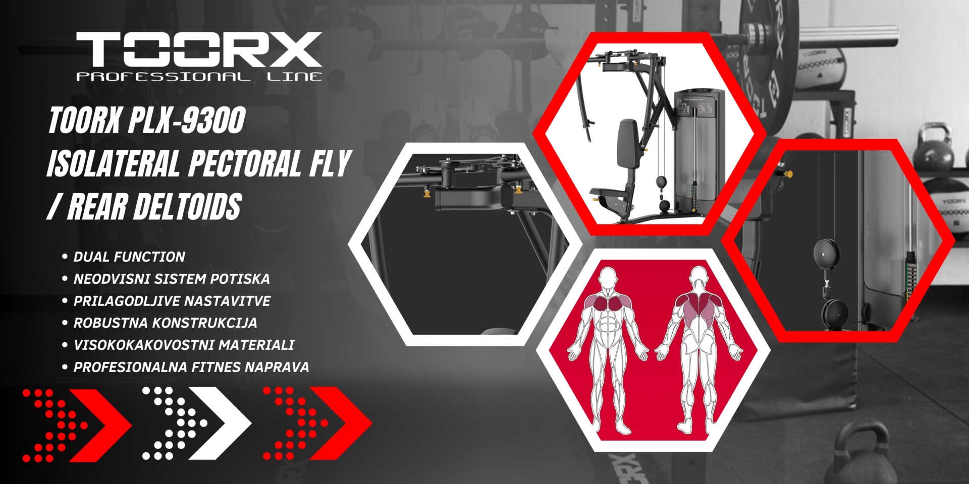 Toorx PLX-9300 Isolateral Pectoral Fly / Rear Deltoids - dual function - profesionalna fitnes naprava za trening prsnih mišic in zadnjih deltoidov - pin loaded