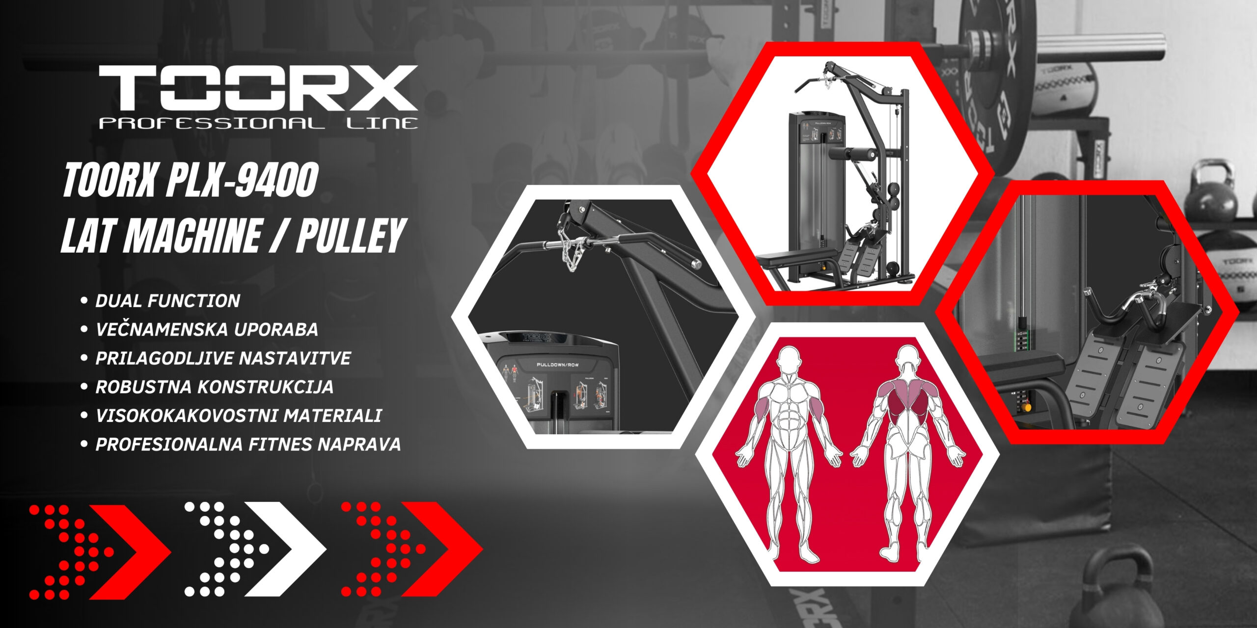 Toorx PLX-9400 Lat Machine / Pulley - dual function - profesionalna fitnes naprava za trening mišic hrbta in ramen - pin loaded