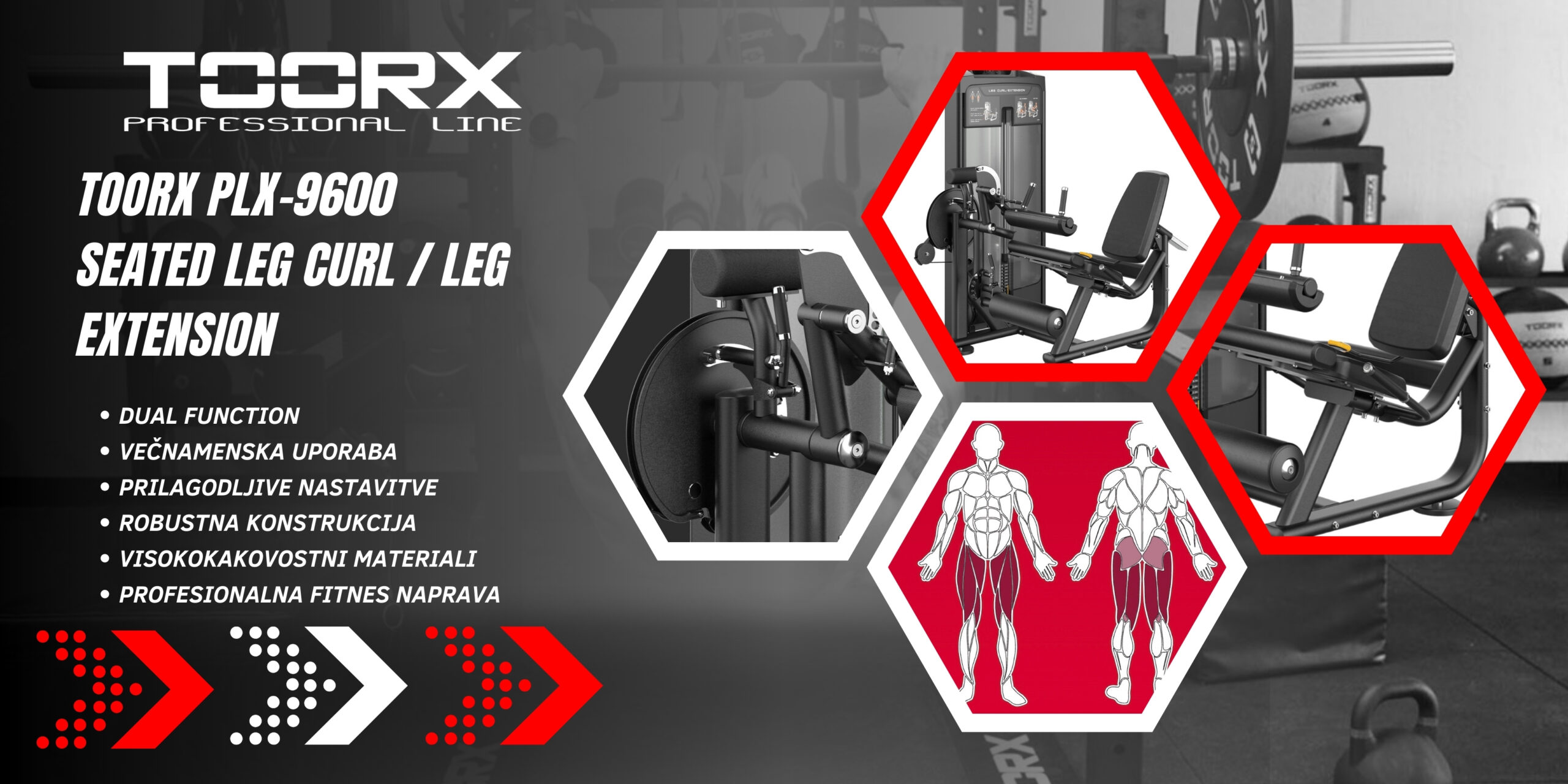 Toorx PLX-9600 Seated Leg Curl / Leg Extension - dual function - profesionalna fitnes naprava za izteg in upogib nog - pin loaded