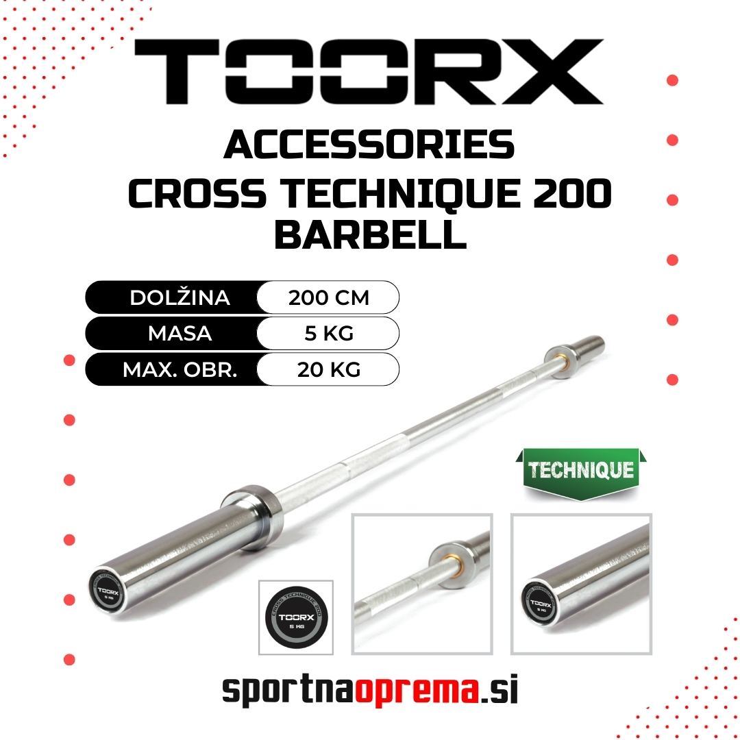 Toorx Cross Technique 200 Barbell - tehnična olimpijska palica - dolžina 200 cm, teža 5 kg, max. obr. 20 kg