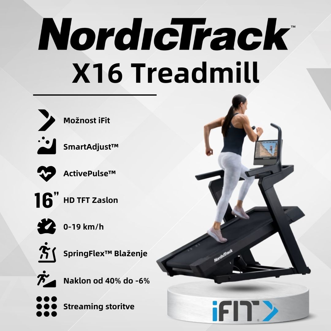 NordicTrack X16 Treadmill - tekalna steza - 4,25 CHP - od -3% do 40% naklona - 16″ HD zaslon na dotik - možnost uporabe aplikacije iFit