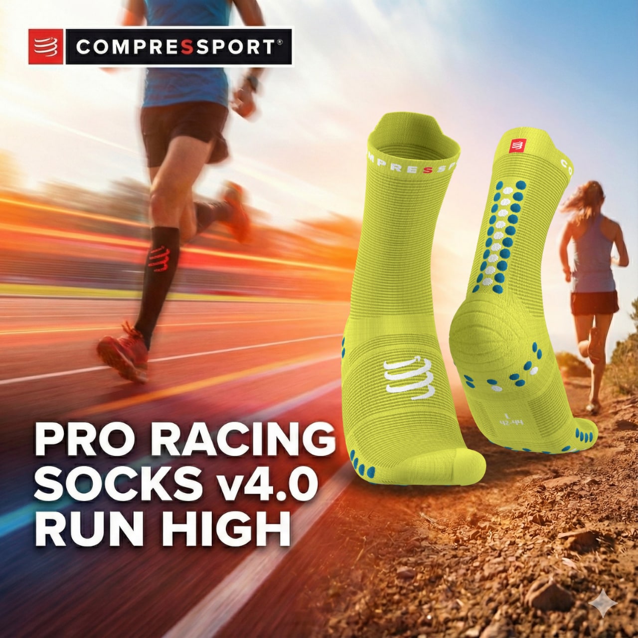 Compressport Pro Racing Sock v4.0 Run High | Primerose/Fjord Blue | Adijo žulji, pozdravljen osebni rekord